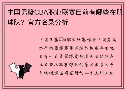 中国男篮CBA职业联赛目前有哪些在册球队？官方名录分析